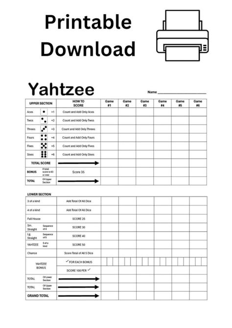 Printable Yahtzee Score Sheet - Etsy Jesus Optical Illusion, Yahtzee Rules, Yahtzee Score Card, Yahtzee Score Sheets, Quilt Display Ideas, Yahtzee Game, Homemade Board Games, Boys Crafts, Bill Planner