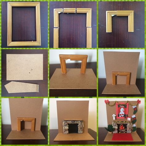 Elf on the shelf DIY fireplace. Elf House Diy On The Shelf, Diy Elf Furniture, Diy Elf On The Shelf House, Elf On The Shelf House Diy Cute Ideas, Elf On The Shelf Furniture Diy, Diy Elf House, Elf On The Shelf House Diy, Diy Dollhouse Fireplace, Elf House Diy