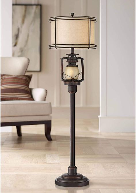 Henson Rustic Industrial Floor Lamp with Nightlight Glass Bronze Earthy Fabric Drum Shade for Living Room Reading Bedroom Office - Barnes and Ivy - - AmazonSmile Traditional Cottage Decor, Western Style Decor, Farmhouse Floor Lamps, Rustic Floor Lamps, Rustic Floor, Farmhouse Flooring, Bronze Floor Lamp, Rustic Flooring, Traditional Floor Lamps