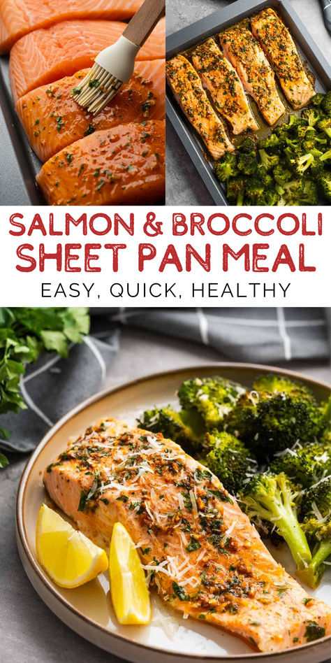 This easy Sheet Pan Salmon and Broccoli is the perfect flavor-packed meal for busy weeknights! Everything bakes in the oven on one pan and is ready in under 30 minutes. It's an easy, keto recipe that is healthy and quick! One Pan Salmon And Broccoli, Sheetpan Salmon And Broccoli, No Carb Sheet Pan Meals, Low Sodium Sheet Pan Meals, Salmon Recipes Sheet Pan, Salmon And Broccoli Sheet Pan, Salmon Broccoli Recipes, One Pan Salmon And Veggies, Salmon And Broccoli Recipes