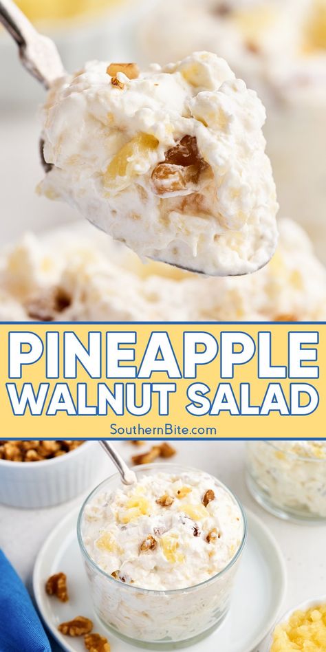 Pineapple Walnut Salad Pineapple Walnut Delight, Things To Make With Crushed Pineapple, Recipes For Pineapple, Pineapple Walnut Salad, Cold Salads For Parties Potlucks, Jello Salads Recipes, Jello Recipes With Fruit, Walnut Salad Recipes, Cold Salads For Parties