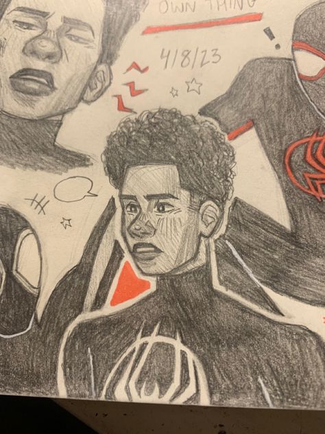 Miles Art Book, Miles Sketchbook Page, Miles Morales Drawing Tutorial, Miles Morales Sketchbook Ideas, Spiderman Into The Spider Verse Drawing, Miles Morales Drawing Sketches Easy, Miles Morales Sketchbook Pages, Miles Morales Doodle, Miles Sketch