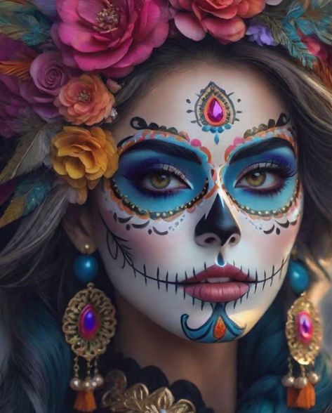 Sugar Skull Make Up Tutorial, Sugarskulls Makeup Halloween, Day Of Dead Face Paint, Dia De Los Muertos Headpiece Ideas Diy, Sugar Skull Face Paint For Women, Catrina Face Makeup, Day Of The Dead Face Makeup, Diy Catrina Costume, Day Of The Dead Hairstyles