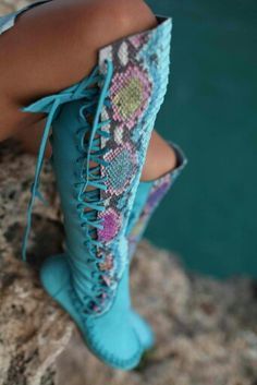 Antique Turquoise, Boho Boots, Leather Knee High Boots, Estilo Hippie, Blue Boots, Sienna Miller, Moccasin Boots, Turquoise Leather, Knee High Leather Boots