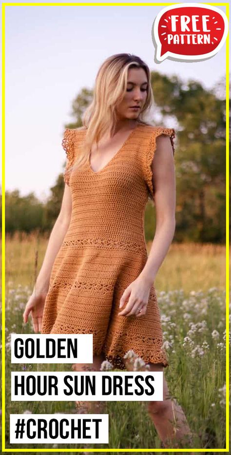 crochet Golden Hour Sun Dress free pattern - FREE Crochet Dress Pattern for Beginners. Click to Get the Pattern #Dress #crochetpattern #crochet via @shareapattern.com Crochet Dress Patterns, Crocheted Dresses, Dress Pattern Free, Crochet Dress Pattern Free, Crochet Summer Dresses, Crochet Top Outfit, Summer Dress Patterns, Crochet Wearables, Crochet Skirts