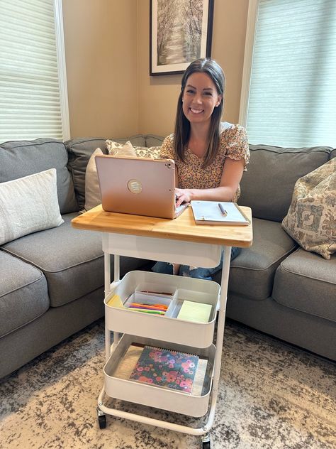 3 Tier Rolling Cart Ideas, Rolling Cart Ideas, Rolling Cart Organization, Magnolia Mercantile, Homeschool Classroom Setup, Rolling Craft Cart, Kids Study Spaces, Rv Office, Office Cart