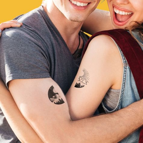 Sun & Moon Nature Couples Temporary Tattoo. 🌞🌙💑 This enchanting tattoo set is perfect for all nature lovers and couples who want to celebrate their connection. 🌿🌌 Each set includes beautifully designed temporary tattoos featuring a unique combination of a day landscape and a night landscape. One half showcases a vibrant sunlit scene, while the other half captures the serenity and mystique of the moonlit night. Together, they symbolize the balance and harmony of nature's cycles. Whether you're... Couple Tattoos Half And Half, Day Landscape, Moon Nature, Moonlit Night, Night Landscape, The Other Half, Tattoo Set, Other Half, Couple Tattoos