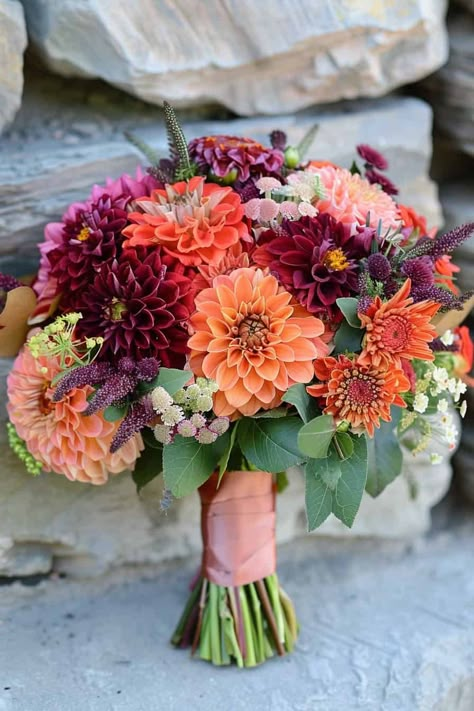 Fall Blue Bouquet, Flowers In November, Whimsical Garden Wedding Bouquet, Dalia Bouquet Wedding Fall, Colourful Fall Wedding, Thanksgiving Bouquet Fall Flowers, Colorful Fall Flowers, Wedding Fall Bouquets, Orange And Purple Wedding Flowers