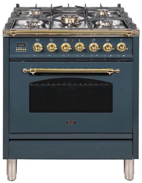 🐕 Big deals! Nostalgie 30" Dual Fuel LP Freestanding Range in Blue Grey/Brass Trim only at $4099.00 Hurry. #AmericaBestAppliances Graphite Appliances, Propane Range, Ilve Range, Dish Warmer, Steam Oven, Dual Fuel Ranges, Brass Trim, Iron Grate, Single Oven