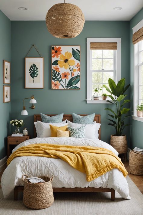 Master Bedrooms Colorful, Retro Master Bedrooms Decor, Modern Farmhouse Interior Bedroom, Light Room Color Ideas, Primary Bedroom Color Palettes, Colourful Bedroom Aesthetic, Apartment Decorating Colorful, Colorful Master Bedrooms Decor, Colour Bedroom Ideas