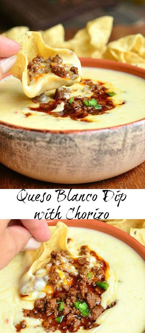 Queso Blanco Dip with Chorizo | from willcookforsmiles.com #cheese #appetizer #fingerfood Dip With Chorizo, Queso Blanco Dip, Mexikansk Mat, Cheese Appetizer, Cheesy Dip, Queso Dip, Football Food, Snacks Für Party, Latin Food