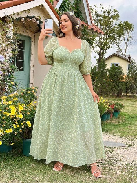 SHEIN USA Green Dress Plus Size, Boho Green, Mix Style, Bustier Dress, Bustiers, Ditsy Floral, Birthday Dresses, Green Flowers, Kids Beachwear