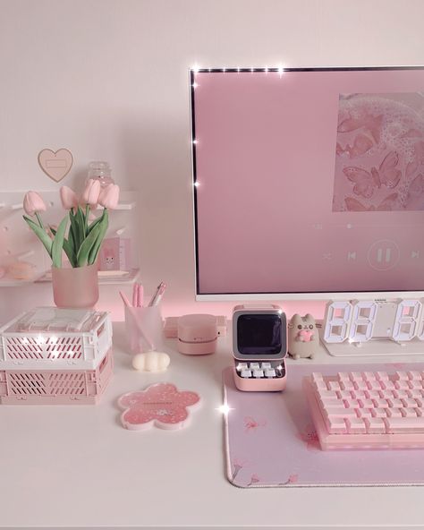 gamer girl gamer pink gaming pastel Nintendo animal crossing pink gaming set up Pinterest inspiration Amazon storefront pc set up cute sanrio hello kitty my melody bedroom pink room key board key caps pink desk pink desk set up pc gamer gaming inspo pink vibes details room details diaries vlog cherry blossom art journal asmr food asmr shopping unboxing open a parcel with me Starbucks Sakura 2023 zaful my melody kuromi Pink Theme Desk, Gamer Desk Accessories, Cute Aesthetic Desk Setup, Cute Desk Ideas Pink, Cute Desk Items, Kawaii Office Decor, Kawaii Desk Setup, Cute Desk Ideas, Pink Desk Setup