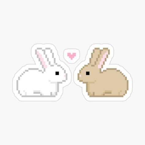 Two pixel bunnies with a heart in between them Bunny Pixel Art, Pixel Bunny, Minecraft Kawaii, Fidget Ideas, Bunny Stickers, Kawaii Cross Stitch, Pastel Pink Background, Pink Stickers, Rabbit Wallpaper