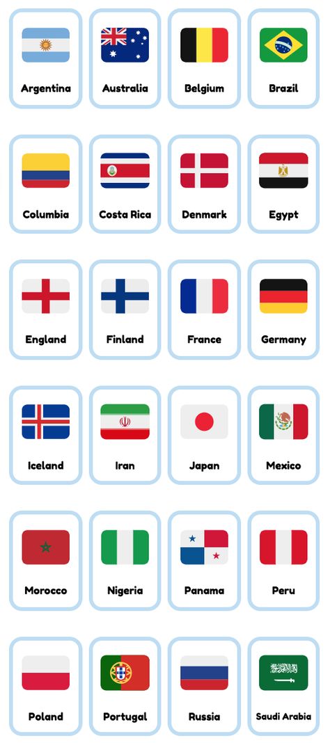 Printable World Cup 2018 country flag flashcards for ESL / English teaching. Free and printable! World Flags With Names Printable, Different Countries Flags, Flag Printables Free, All Countries Flag With Name, Country Flags Of The World Printable, Flags Of The World Printable Free, French Flashcards Printable Free, National Flags Of The World, World Flags Printable