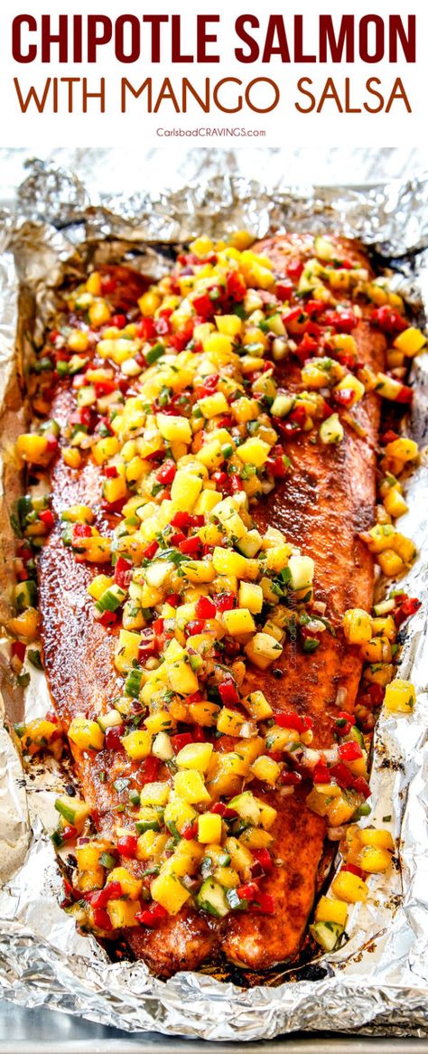 Chipotle Salmon, Salmon With Mango Salsa, Salmon With Mango, Mango Salsa Salmon, Fresh Mango Salsa, Salmon In Foil, Mango Salsa Recipes, Carlsbad Cravings, Healthy Salmon