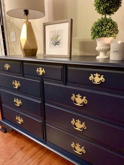 Another view of our bespoke refinished dresser in navy blue with gold hardware. Measurements are 54 inches long, 20 inches deep, and 34 inches tall. • • •  #rosemarymill #diy #furniture #furnituredesigns #furnituremakeover #furniturepainting #refinishedfurniture #dresser #interiordesign #luxuryhome #luxuryinterior #hgtv #fixerupper #farmhousedecor #rustichomedecor Navy Blue Dresser With Gold Hardware, Dresser Aesthetic, Dresser Update, Navy Dresser, Navy Blue Dresser, Navy Furniture, Night Bedroom, Refinished Dresser, Dresser Makeovers