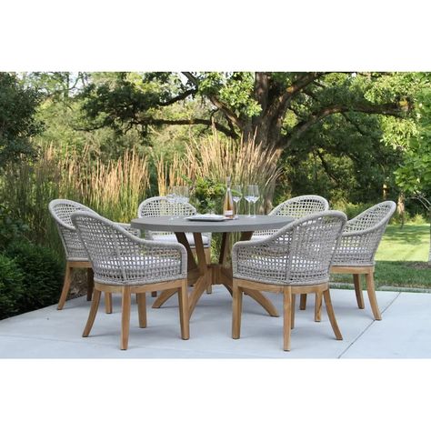 Caelan 7 Piece Teak Dining Set with Cushions | Birch Lane Round Patio Table, Round Dining Set, 7 Piece Dining Set, Patio Dining Chairs, Outdoor Dining Furniture, Beachcrest Home, Patio Dining Set, Dining Arm Chair, Outdoor Dining Set