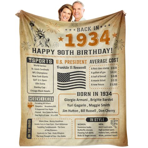 PRICES MAY VARY. 🎁Great 90th Birthday Gifts🎁: The exquisite blanket with spiritual and physical companionship is just for 90th birthday, Back in 1934, with the historical facts that happened 90 years ago as the background, make a poster, and then make a blanket, people will immediately recall the popular events, movies, music, etc. of that year. This is an important topic worth discussing. 🎁Premium Material🎁: This 90 year old gift blanket is made of high-quality polyester, which is more soft 65 Birthday Decorations, 100 Birthday Decorations, 75th Birthday Decorations, 90th Birthday Decorations, 65th Birthday Gifts, Birthday Decorations For Women, 80th Birthday Decorations, 75th Birthday Gifts, 100th Birthday Party