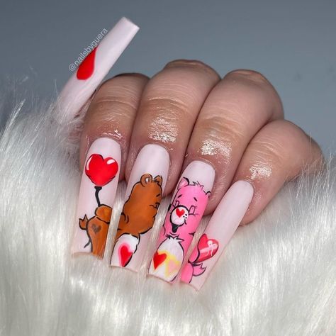 Vday Nails, Bears Nails, Long Acrylic Nail Designs, Valentine Nails, Colored Acrylic Nails, Bear Valentines, Nail Photos, Uñas Acrilicas, Get Nails