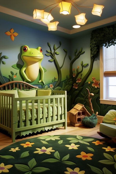 Get your imagination going with these 16 frog inspired baby nursery ideas #frog #frogroom #frognursery Frog Nursery Theme, Pond Nursery, Rainforest Nursery, Frog Nursery, Baby Nursery Ideas, Themed Bedrooms, Rainforest Theme, Frog Theme, Nursery Canvas