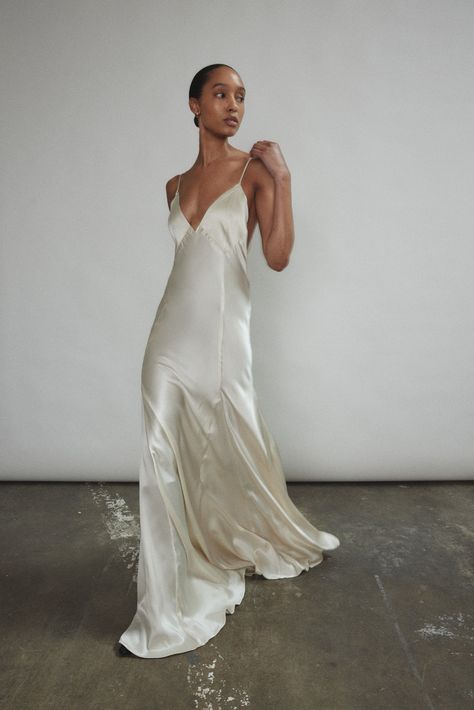 Wedding Dresses Slip Dress, Prom Minimalist Dress, Wedding Slip Dress Brides, White Slip Wedding Dress, White Going Out Dress, Cream Satin Wedding Dress, Slip Dress Wedding Gowns, Jacquemus Wedding Dress, Kamperett Wedding