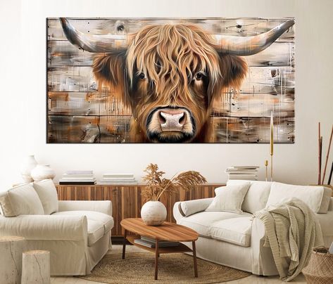 Highland Cow Canvas Art - Rustic Farmhouse Decor, Large Wall Art with Brown Bull on Wood Background, Modern Country Home Decor md91 Modern Country Home Decor, Modern Country Home, Detailed Portrait, Cow Kitchen, Highland Cow Canvas, Decor Large Wall, Neutral Wall Decor, Textured Wood, Rustic Aesthetic