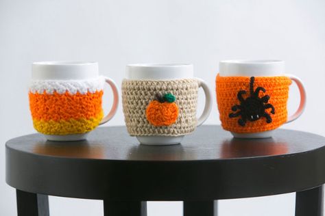 Crochet Halloween Decorations, List Of Favorites, Double Ended Crochet, Throwing A Party, Crochet Coffee Cozy, Pumpkin Applique, Fun Halloween Food, Crochet Cup Cozy, Cozy Crochet Patterns