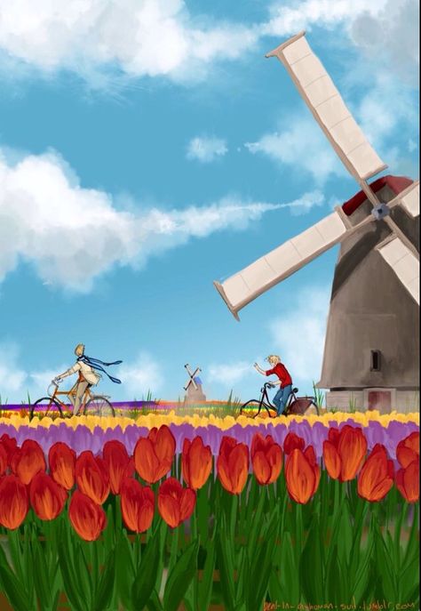 Hetalia Canada X Netherlands, Canada Hetalia, Netherlands Art, Bicycle Pictures, Hetalia Canada, Easy Flower Painting, Landscape Painting Tutorial, Hetalia Ships, Hetalia Fanart