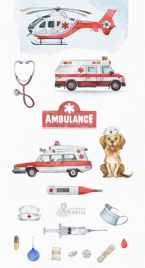 emergency, EMT, paramedic, driver, dog, Cars, equipment, medical care, vehicles, birthday, party, help, aid Emt Drawing, Ambulance Cartoon, Vehicles Birthday Party, Transportation Illustration, Comic Reference, School Book Covers, Emt Paramedic, Rescue Vehicles, Bullet Journal Design Ideas