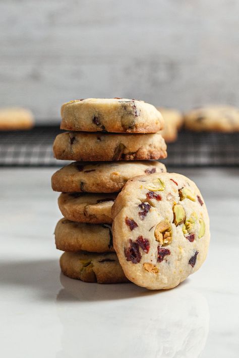 Pistachio Shortbread Cookies, Cookie Base Recipe, Orange Pistachio, Pistachio Shortbread, Almond Shortbread Cookies, Chocolate Dipped Cookies, Cranberry Pistachio, Fruit Cookies, Orange Cranberry