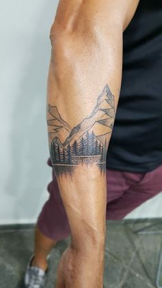 Mountain Range Forearm Tattoo, Mountain And Sea Tattoo Sleeve, Mountains Tattoo Men, Mountain Calf Tattoo, Mountain Running Tattoo, Moutain Tattoos Men, Small Calf Tattoo Men, Running Tattoo Ideas For Men, Mens Calf Tattoo