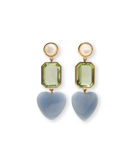 Demy Earrings in Azul. Gold-plated brass, mother-of-pearl tops, green quartz baguettes, and carved blue angelite hearts. Pearl Tops, Blue And Gold Earrings, Jewelry Stack, Blue Stones Jewelry, Hoop Charms, Blue Accessories, Clover Green, For Good Luck, Bold Earrings