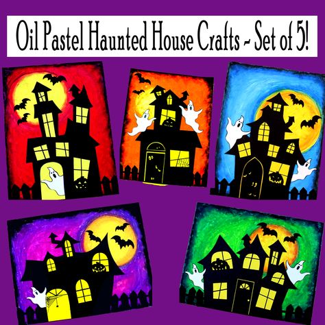 Oil Pastel Haunted House Crafts - Set of 5! - Printables 4 Mom Haunted House Drawing For Kids, Haunted House Art Project, Haunted House Crafts, Haunted House Painting, Haunted House Art, Haunted House Drawing, Haunted House Craft, Halloween Art Projects, Halloween Kunst