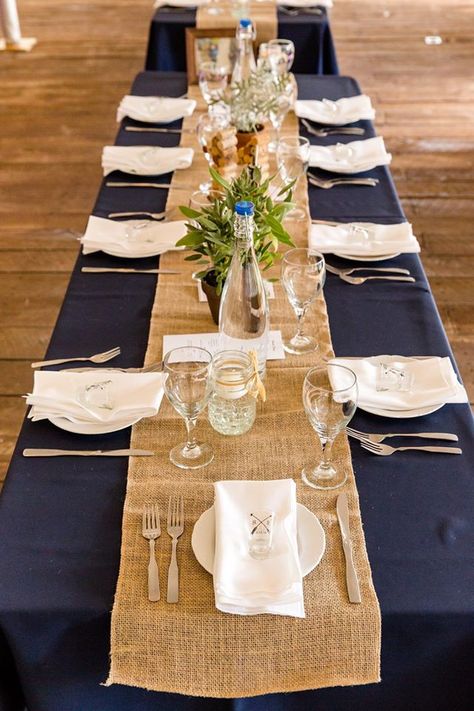 Navy Blue And Burlap Table Decor, Navy Blue And Hessian Wedding, Wedding Country Theme, Sukkah Decor, Navy Tablecloth, Grey Wedding Decor, Maine Wedding Venues, Filipiniana Wedding, Tan Wedding