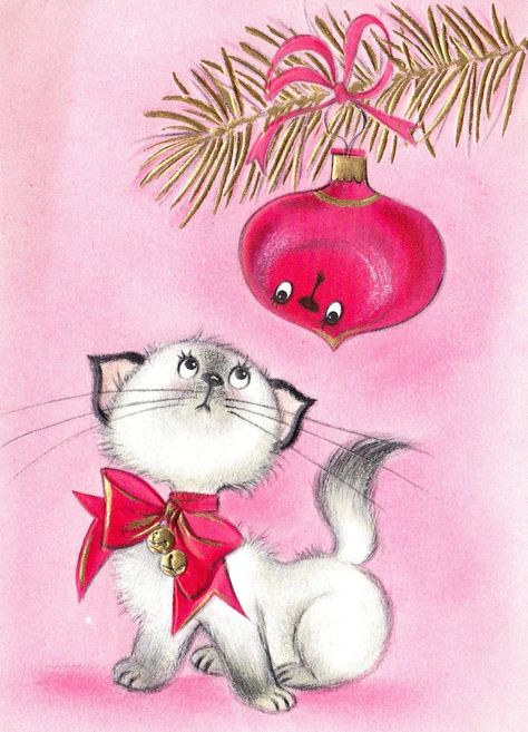 Images Noêl Vintages, Christmas Card Ornaments, Christmas Kitten, Illustration Noel, Vintage Christmas Images, Old Christmas, Holiday Postcards, Christmas Card Design, Noel Christmas