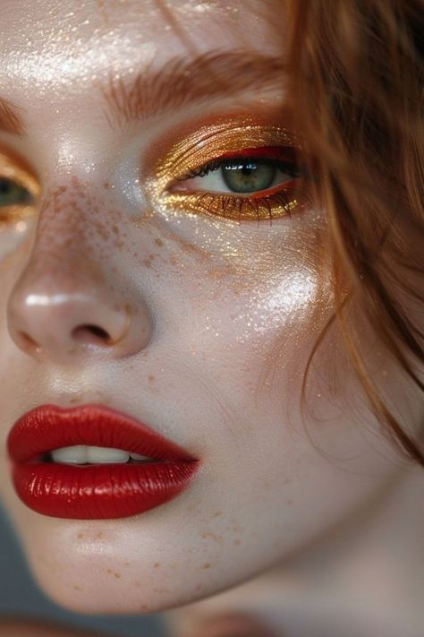 Gold Lipstick Looks, Fiery Makeup Looks, Sparkly Red Makeup, Red Gold Makeup Look, Colorful Festival Makeup, Fire Themed Makeup, Cool Make Up Ideas, Orange Fairy Makeup, Gold And Red Makeup