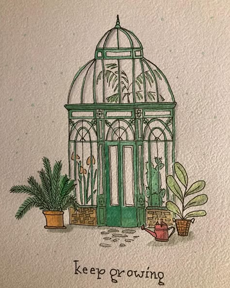 How To Draw A Greenhouse, Green House Sketch, Greenhouse Drawing Simple, Greenhouse Doodle, Green House Tattoo, House Plants Drawing, Green House Drawing, Green House Illustration, Garden Drawing Simple