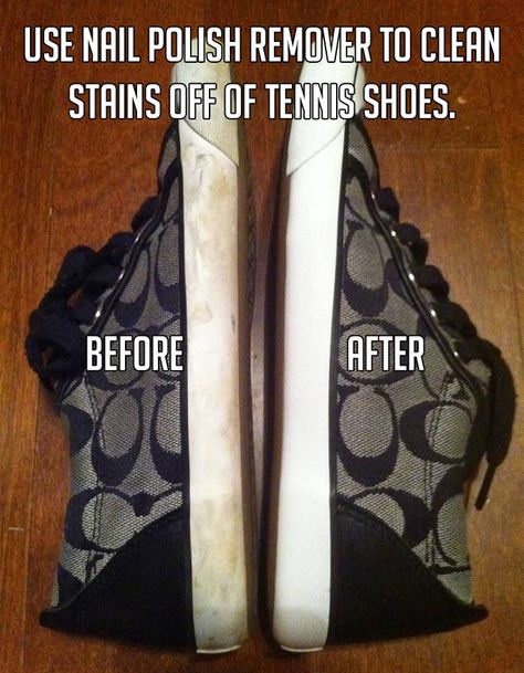 Nail polish remover cleans the rubber on sneakers! Who'da thunk!? 1000 Lifehacks, Vibeke Design, Diy Cleaning Hacks, Makeup Tricks, Polish Remover, Simple Life Hacks, Diy Life Hacks, Nail Polish Remover, Diy Life