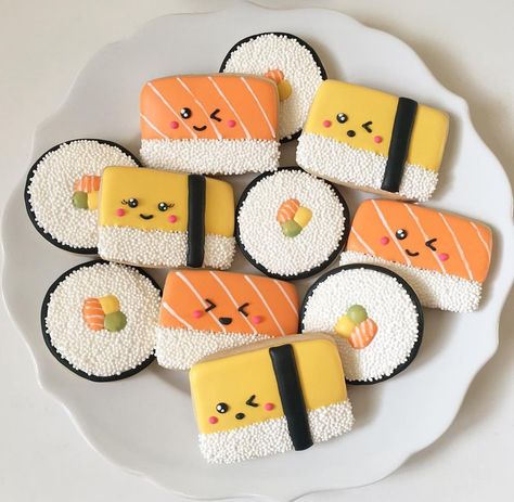 Sushi Bday Party, Sushi Cookies, Tamago Sushi, Sushi For Kids, Dessert Sushi, Sushi Cake, Desserts Cookies, Japanese Birthday, Sushi Party