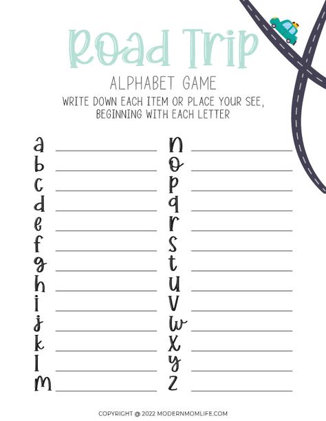 Download and print the ultimate road trip activity book for kids! Keep the kids entertained during long road trips with this printable pdf bundle. This bundle includes: One United States map coloring page - color in states that your family has visited. Road Trip Scavenger Game - how many of these spots can you find? Road Trip Conversation Starters - 16 icebreakers Road Trip Alphabet Game - write down each item or place your see, beginning with each letter. This item is for personal use only. Com