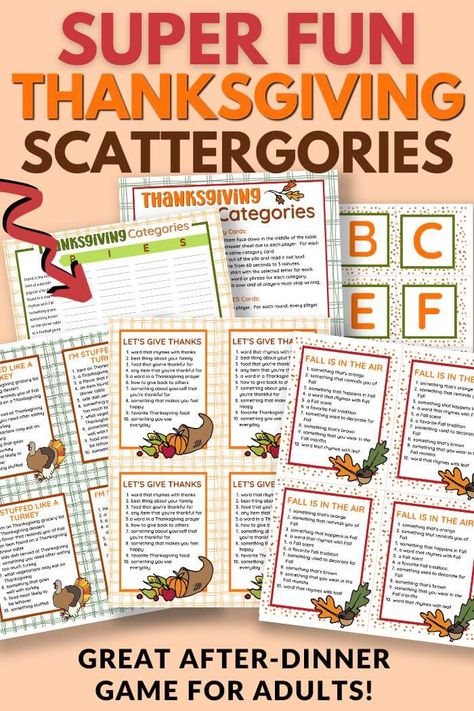 Looking for fun Thanksgiving games for adults to play after dinner? Try these printable Thanksgiving scattergories game cards! Such a fun activity to do after Thanksgiving dinner with your guests... LOADS of category cards and multiple ways to play! Thanksgiving Scattergories Free, Thanksgiving Scattergories Printable, Thanksgiving Scattergories, Thanksgiving Grocery List, Printable Thanksgiving Games, Thanksgiving Shopping List, Best Thanksgiving Turkey Recipe, Thanksgiving Hacks, Thanksgiving Games For Adults