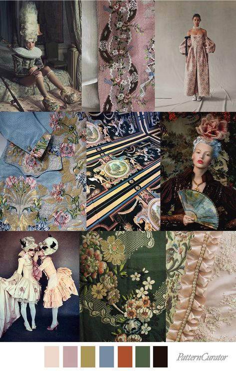 sources:  pinterest.com , etsy.com (Trouvais),   vogue.com (Erdem Resort 19) , metmuseum.org , pinterest.com , 49percent.tumblr.com , pinterest.com , queensransom.wordpress.com , deviantart.com Rococo Color Palette, Pattern Curator, Fashion Trending Moodboard, Print And Pattern, Rococo Fashion, Fashion Moodboard, Color Trends Fashion, Yami Kawaii, Color Palate