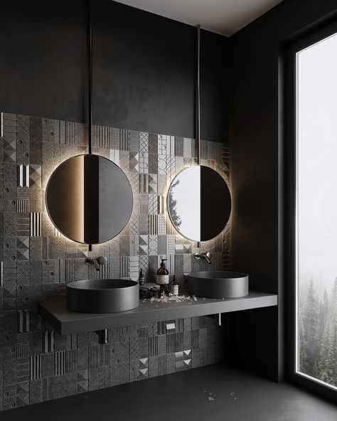 Black Washroom Designs, Black Wall Bathroom Small Spaces, Monochrome Toilet, Modern Black Bathroom Design, Black Toilet Bathroom Ideas, Black Basin Bathroom, Black Washroom, Dark Luxury Bathroom, Black Bathroom Lighting