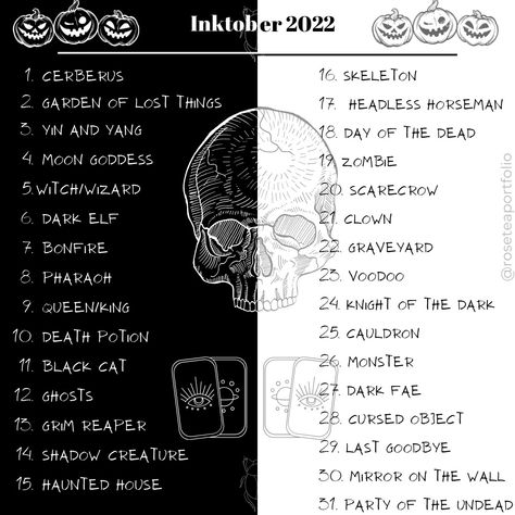 Tattoo Prompts List, Inktober Prompts 2023, Dark Art Prompts, Tattoo Design Prompts, Blacktober Prompt, Ink Tober Prompts 2023, Sketchtember Prompts, Huevember Prompts, October Drawing Challenge 2023