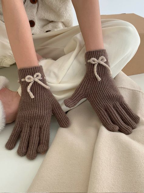 Winter Bow Knitted Gloves For Women&Men Thicken Warm Knitted Mittens Full Finger Guantes Female Knit Fingerless Gloves, Pink Plaid Shirt, Overall Outfit, Gloves For Women, Hand Gloves, Winter Gloves, Round Neck Sweaters, Knitted Gloves, Chunky Knits Sweater