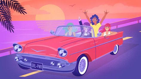 Friends In A Car Drawing, Drive In Illustration, Car Ride Illustration, Convertible Car Drawing, Convertible Illustration, Ride Drawing, Car Animation, Paint Tutorials, Afrofuturism Art