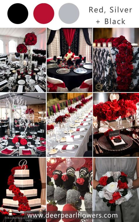 Pink And Black Wedding Theme, Red And Black Wedding Theme, Hot Pink And Black Wedding, Black Wedding Theme, Black Silver Wedding, Wedding Theme Color Schemes, Black Red Wedding, 50th Birthday Party Decorations, Purple Wedding Theme