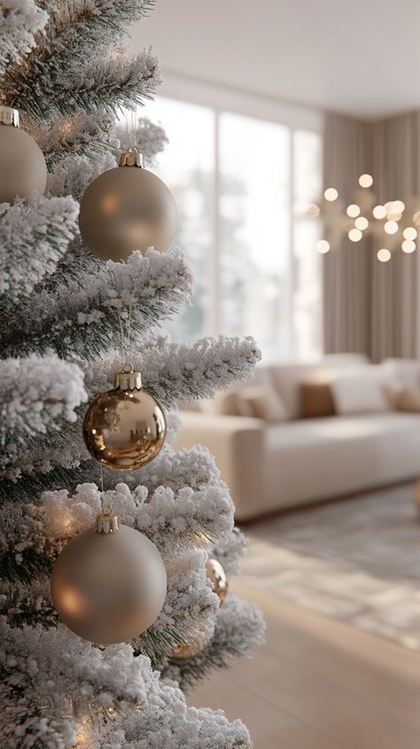 Close-up of a frosted Christmas tree with beige and gold ornaments in a cozy, elegantly decorated living room. Elegant Frosted Christmas Trees, Beige Christmas Tree Decor, White Gold Silver Christmas Tree, Beige Christmas Tree, Luxurious Christmas Tree, Living Room Backdrop, Neutral Christmas Decor Ideas, Room Backdrop, Holiday Living Room Decor