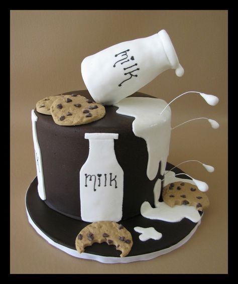 Mmmm....nothing is better than Spilt Milk and Cookies!  Cake is Vanilla Bean Cake with cookies and cream filling  and covered in chocolate fondant.  Milk bottle on top is made out of rice cereal treats and covered in fondant.  I used a dowel to make the bottle stand on it's side and small pieces of fondant on wrapped wires to make droplets.  Cookies are also made out of fondant and mini chocolate chips and texturized with an actual chips ahoy cookie.  TFL Extreme Cakes, Burger Cake, Cookies Party, Vanilla Bean Cakes, Fiesta Cake, Cookies Theme, Cookies And Milk, Spilled Milk, Watercolor Cake